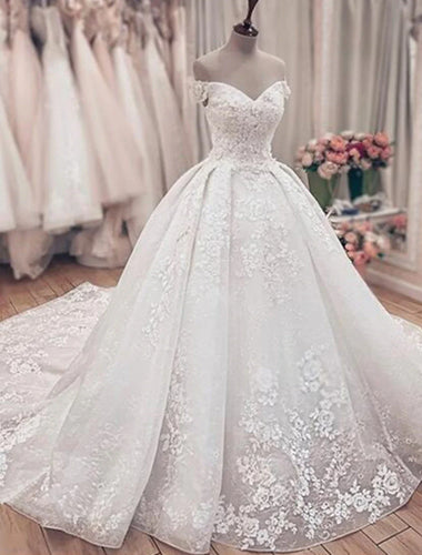 Engagement Formal Wedding Dresses Ball Gown Off Shoulder Cap Sleeve Chapel Train Lace Bridal Gowns With Appliques