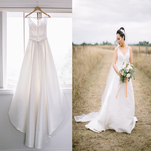 Vintage Country Long A-line Spaghetti Strap V-neck Clairvoyant Outfit Lace Back Satin Wedding Dresses. DB0152