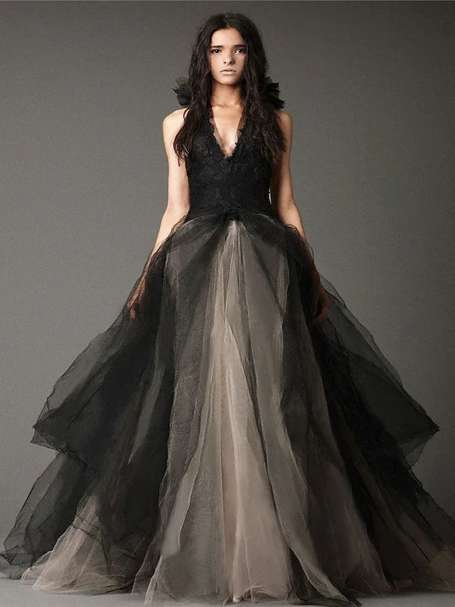 Engagement Gothic Wedding Dresses in Color Formal Wedding Dresses Floor Length A-Line Sleeveless Halter Satin With Appliques