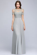 Illusion Neckline Long Appliques Chiffon Prom Dresses