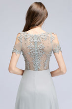 Illusion Neckline Long Appliques Chiffon Prom Dresses