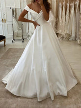 A-Line V Neck Sweep Brush Train Satin Wedding Dresses