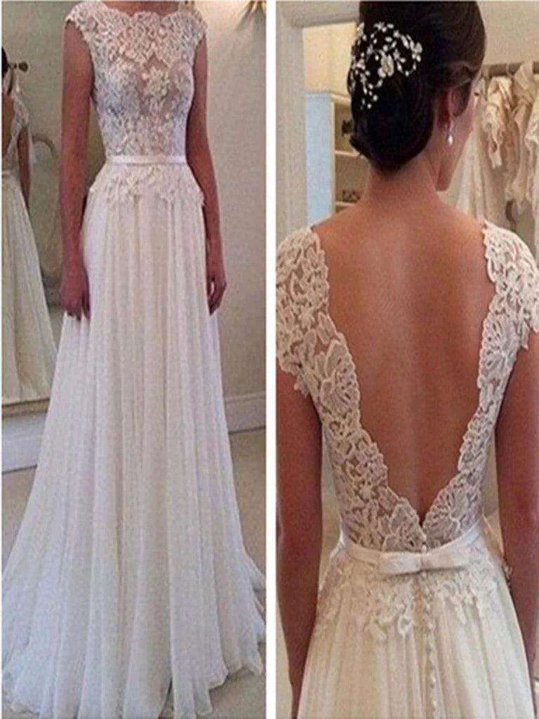 A Line Round Neck Backless White Lace Formal Dress Prom Dress