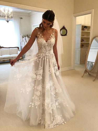 Beach Boho Wedding Dresses Sweep / Brush Train A-Line Sleeveless V Neck Lace With Appliques