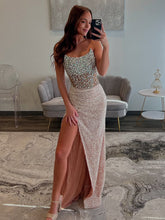 Jacqueline | Mermaid Champagne Strapless Sequins Long Prom Dresses with Slit