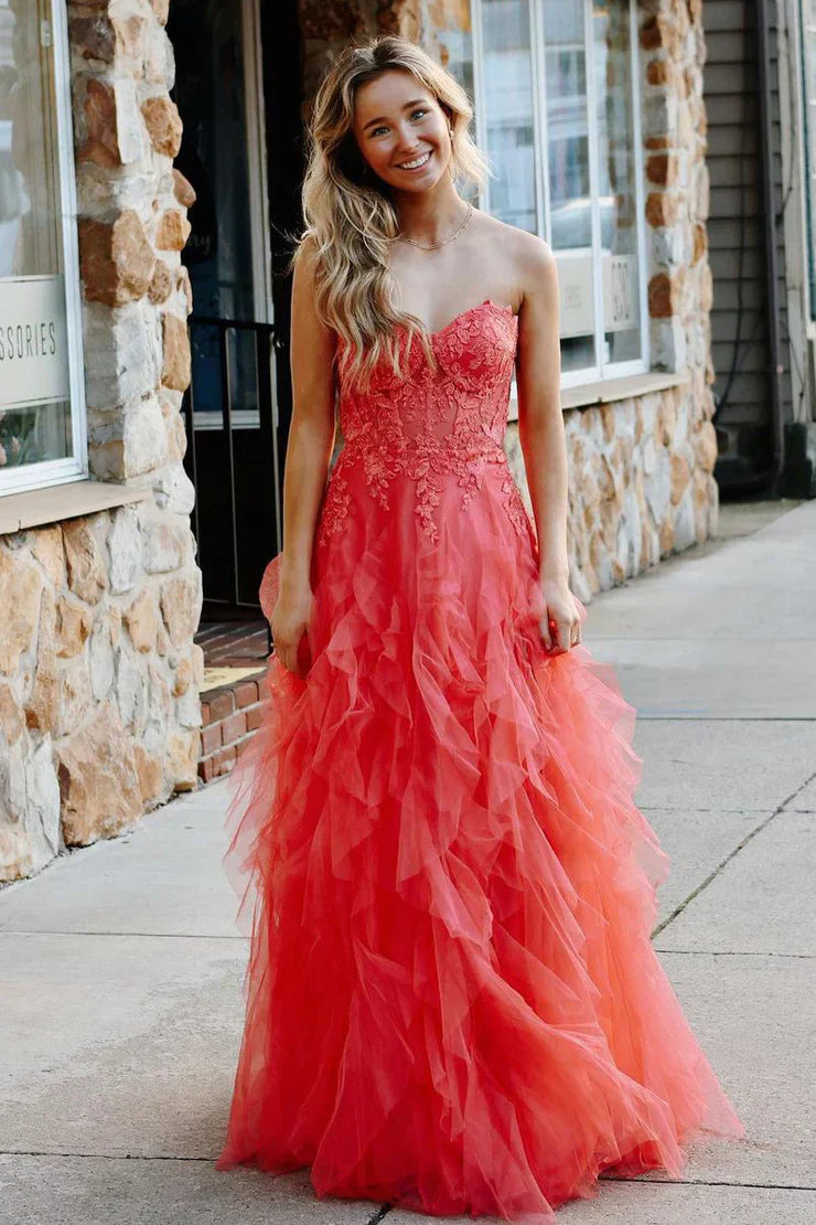 Jaize | Gentle Tulle Coral Strapless Layered Prom Dress with Applique