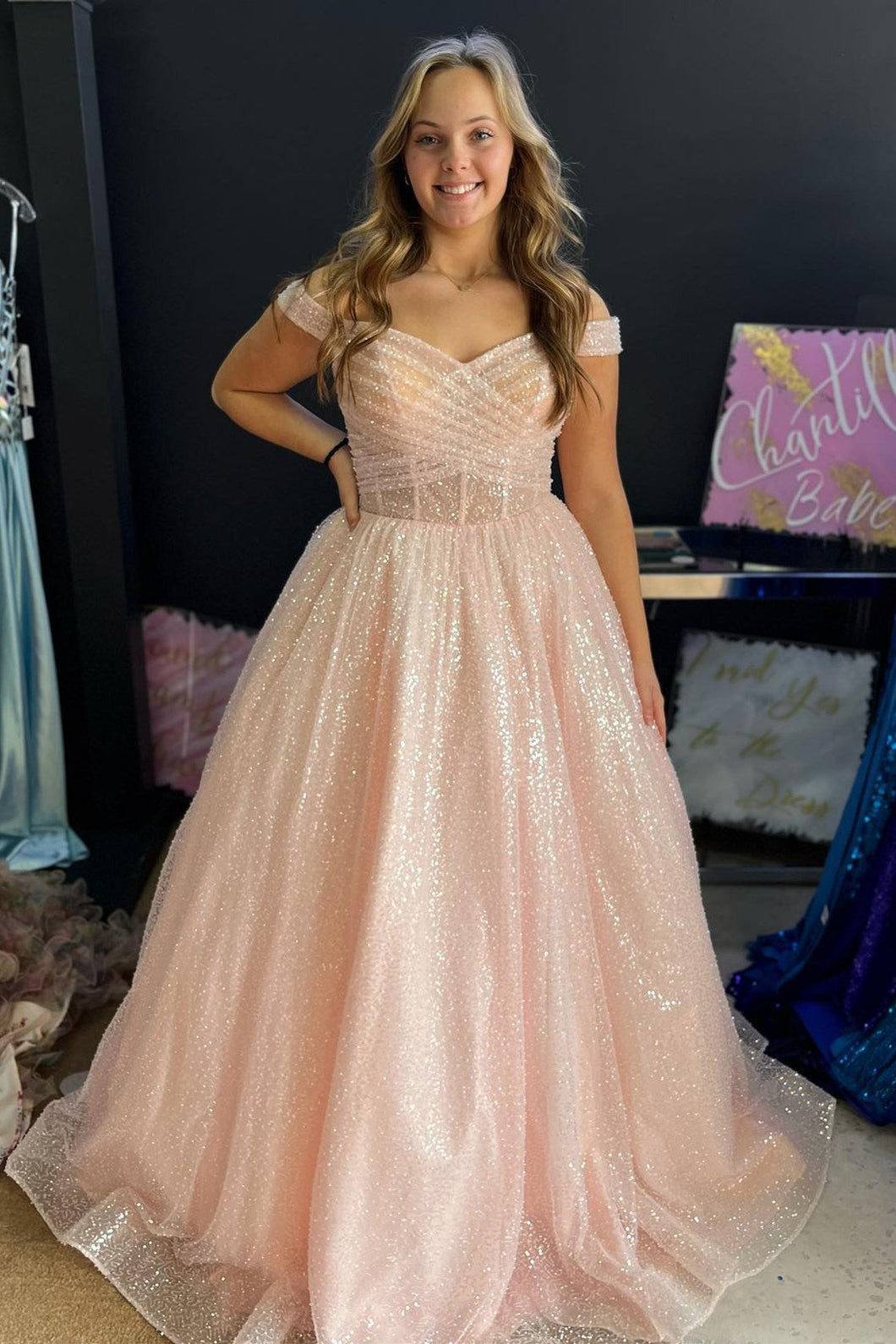 Jayla | Sparkly Blush Pink Off-the-Shoulder Surplice Long Prom Dress