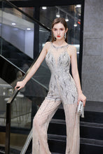 Jewel Sleeveless Tulle Evening Jumpsuit with Sequins