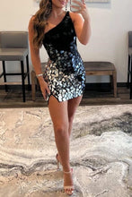 Black Gradient Cut Glass Mirror One-Shoulder Short Dress