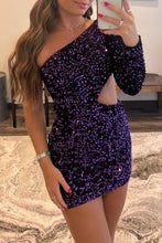 Purple Sequin One-Sleeve Cutout Short Homecoming Dress