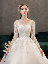 Engagement Formal Wedding Dresses Cathedral Train Ball Gown Long Sleeve Illusion Neck Lace With Pleats Appliques