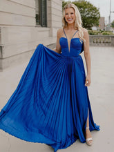 Kimia |  A-Line Straps Royal Blue Pleated Chiffon Long Formal Dress with Bow Back