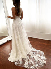 A-Line Spaghetti Strap Lace Backless Sexy Long Wedding Dresses with Slit