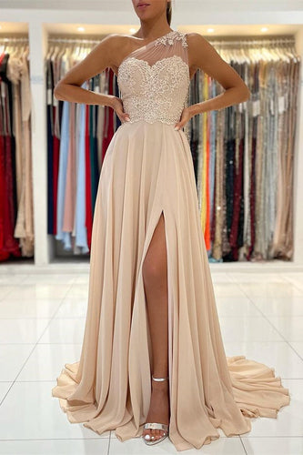 Lace Appliques A-Line Sleeveless One-Shoulder Simple Prom Dress