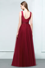 Lace Top Burgundy A-line Scoop Long Sleevless Tulle Prom Dresses