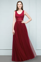 Lace Top Burgundy A-line Scoop Long Sleevless Tulle Prom Dresses
