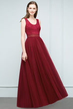 Lace Top Burgundy A-line Scoop Long Sleevless Tulle Prom Dresses