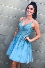 Lace-Up Sky Blue Short Homecoming Dress with Lace Appliques PD332