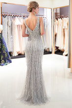 Latest Long Mermaid V neck Beading Fringe Tulle Evening Dress