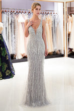 Latest Long Mermaid V neck Beading Fringe Tulle Evening Dress