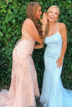 Light Blue Long Lace Open Back Mermaid Prom Dress