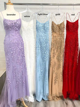 Light Blue Long Lace Open Back Mermaid Prom Dress
