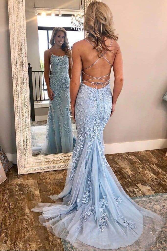 Light Blue Long Lace Open Back Mermaid Prom Dress