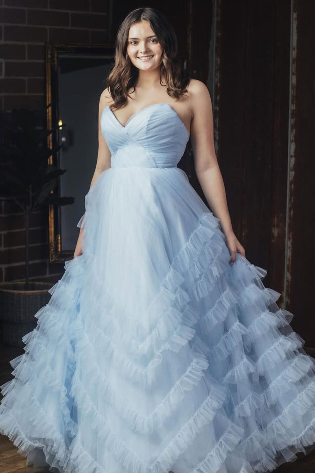 Light Blue Strapless Ruffle Long Prom Dress – Anna PromDress