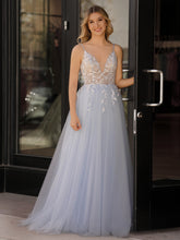 Cynthia | Light Blue V Neck Lace-Up Appliques Tulle Long Prom Dress