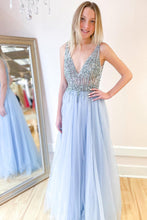 Long A-line Deep V-neck Beading Tulle Open Back Prom Dress With Slit