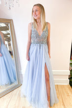 Long A-line Deep V-neck Beading Tulle Open Back Prom Dress With Slit