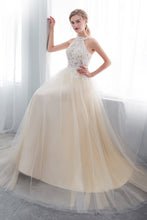 Long A-line Halter Appliques Lace Tulle Evening Dresses