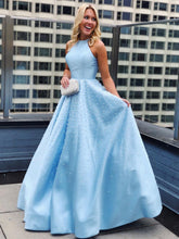 Long A-line Halter Satin Beads Formal Prom Dresses with Pockets