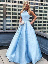 Long A-line Halter Satin Beads Formal Prom Dresses with Pockets