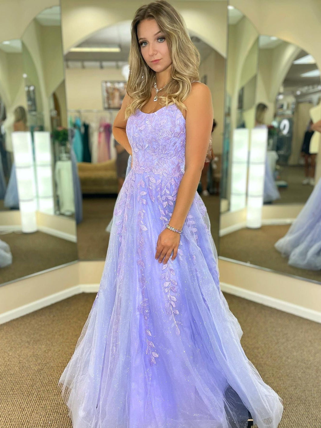 Long A-line Lace Tulle Backless Prom Dresses Purple Formal Evening Dresses   Anna PromDress