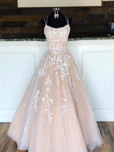 Long A-line Lace Tulle Formal Graduation Evening Prom Dresses