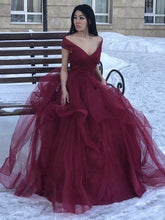 Long A-line Off the Shoulder Fluffy Tulle V Neck Prom Formal Evening Dresses