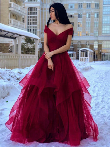 Long A-line Off the Shoulder Fluffy Tulle V Neck Prom Formal Evening Dresses