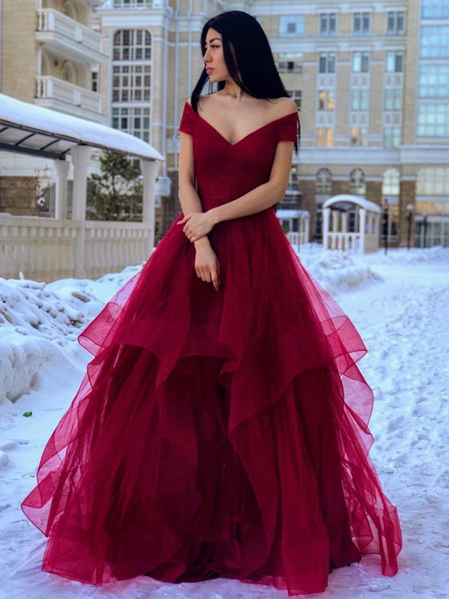Long A-line Off the Shoulder Fluffy Tulle V Neck Prom Formal Evening Dresses