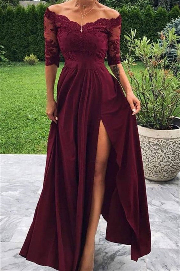Long A-line Off-the-shoulder Front Slit Burgundy Prom Dress with Sleeves