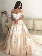Long A-line Off the Shoulder Lace Appliques Prom Formal Evening Dresses