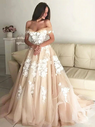 Long A-line Off the Shoulder Lace Appliques Prom Formal Evening Dresses