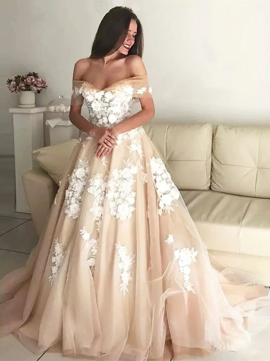 Long A-line Off the Shoulder Lace Appliques Prom Formal Evening Dresses