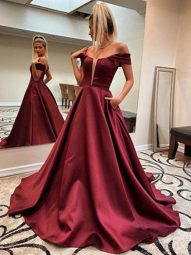 Long A-line Off the Shoulder Satin Formal Prom Dresses with Pockets