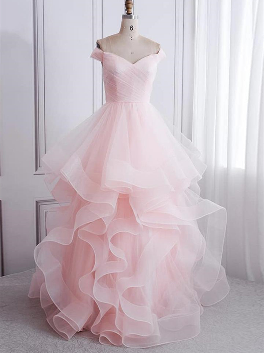 Long A-line Off the Shoulder Tulle Fluffy Graduation Prom Dresses