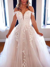 Long A-line off the Shoulder Tulle Prom Dress White Lace Formal Evening Gowns