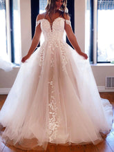Long A-line off the Shoulder Tulle Prom Dress White Lace Formal Evening Gowns