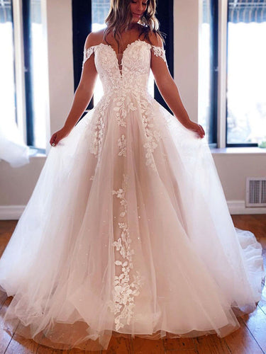 Long A-line off the Shoulder Tulle Prom Dress White Lace Formal Evening Gowns