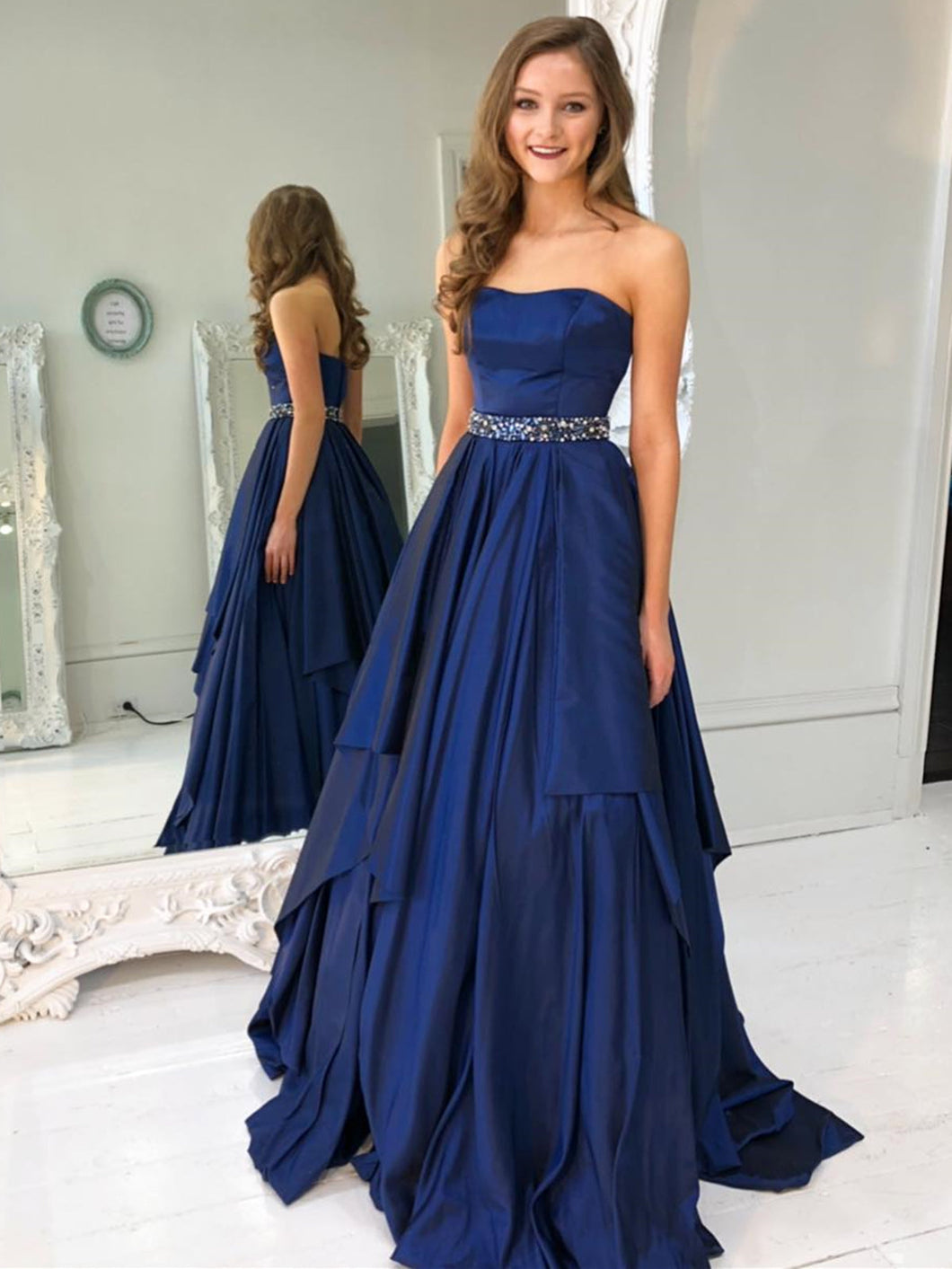 Long A-line Strapless Satin Prom Dress Dark Navy Formal Graduation Evening Dresses