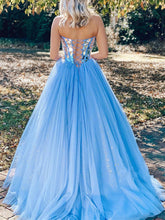 Long A line Strapless Sequins Tulle Prom Dresses Blue Formal Graduation Evening Dresses